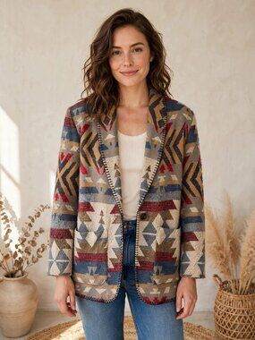Vintage Paris Sport Club L Southwestern Aztec Blazer Tribal Shawl Collar
